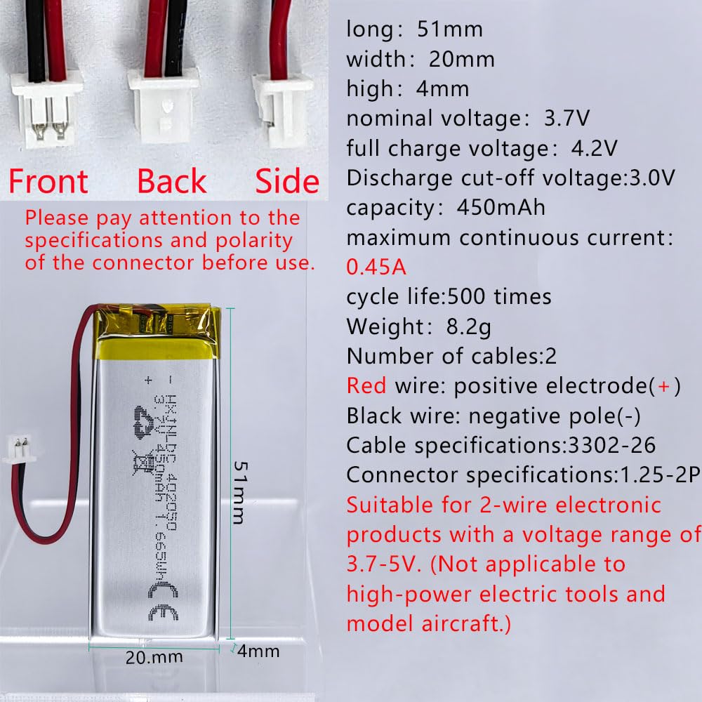 ロマンティックER Amazon | DC 3.7V 450mAh 402050充電可能リチウムポリマー電池